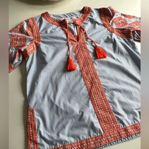 NWOT Gretchen Scott Striped Blouse with Orange Embroidery